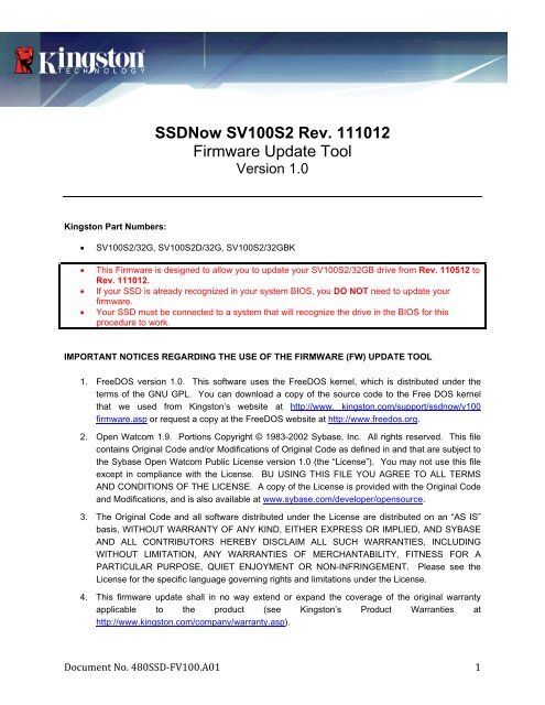 SSDNow SV100S2 Rev. 111012 Firmware Update Tool - Kingston