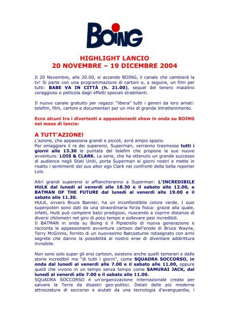 HIGHLIGHT LANCIO 20 NOVEMBRE – 19 DICEMBRE 2004