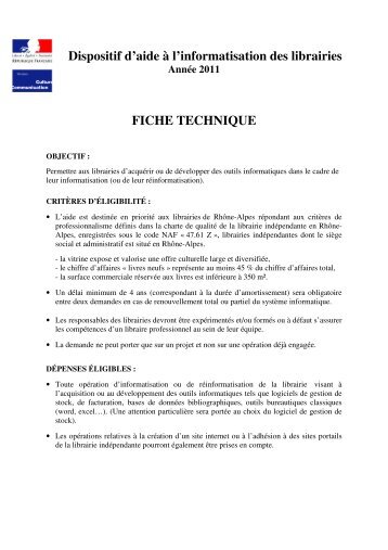 Dispositif d'aide à l'informatisation des librairies FICHE ... - Arald