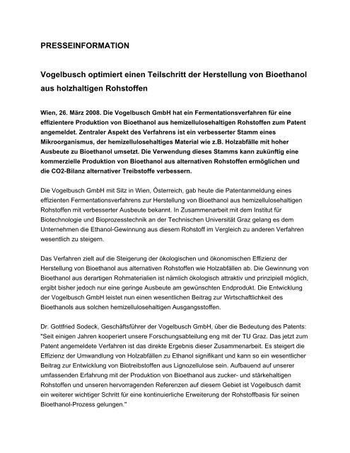 Presseaussendung - VOGELBUSCH Biocommodities