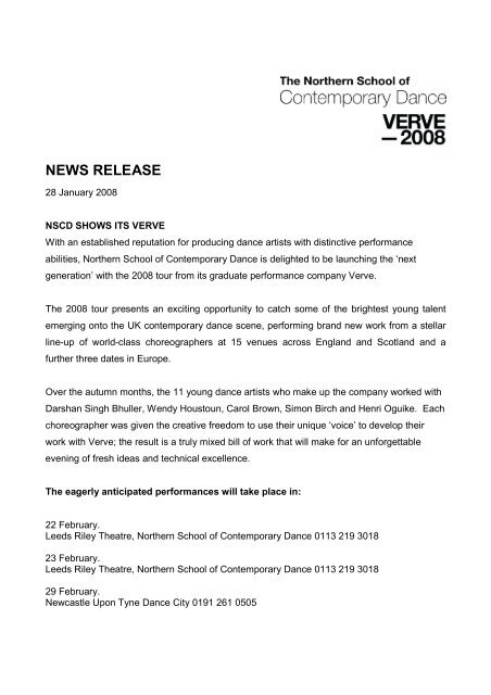 NEWS RELEASE - Northern School of Contemporary Dance
