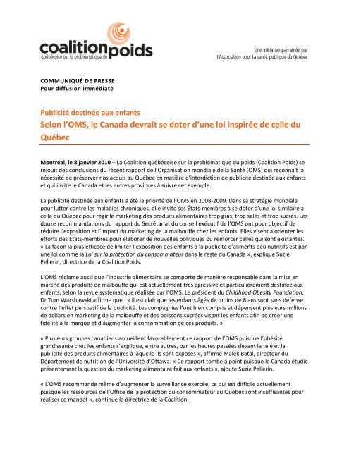 Version PDF du communiqué - Coalition québécoise sur la ...