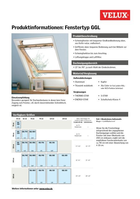 Produktdatenblatt für VELUX Schwingfenster aus Holz GGL