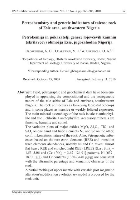 Petrochemistry and genetic indicators of talcose rock of Esie ... - RMZ