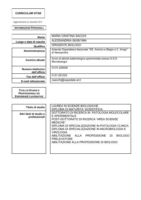 informazioni personali - Azienda Ospedaliera Santi Antonio e Biagio ...