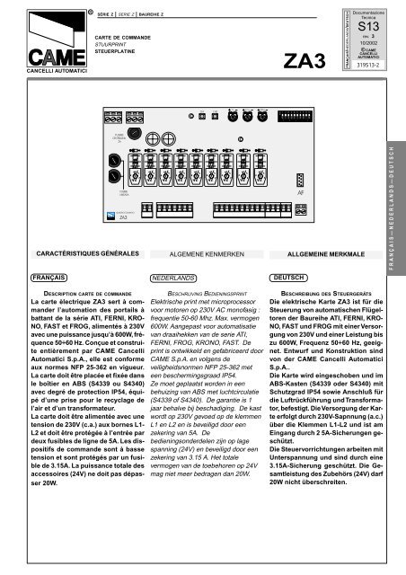 La carte Ã¨lectrique ZA3 sert Ã  com- mander l ... - D-HOME-OTIK