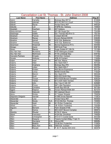 Cancellation List St. Thomas - St. John District 2008