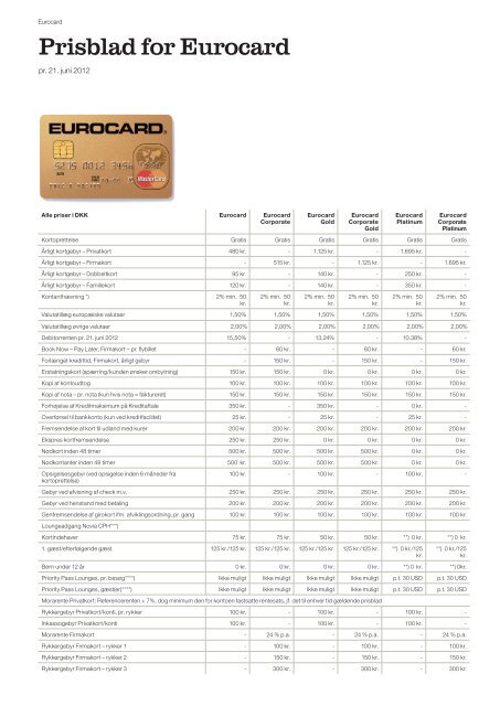 Prisblad for Eurocard