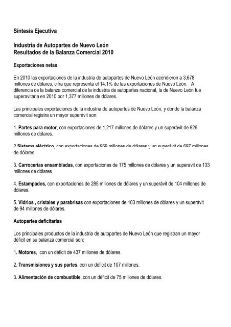 Balanza Comercial de la Industria de Autopartes de Nuevo LeÃ³n de ...