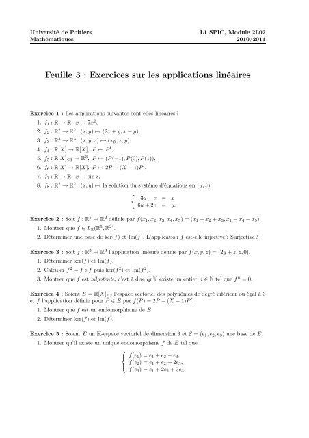 Exercices sur les applications linÃ©aires - MathÃ©matiques - UniversitÃ© ...