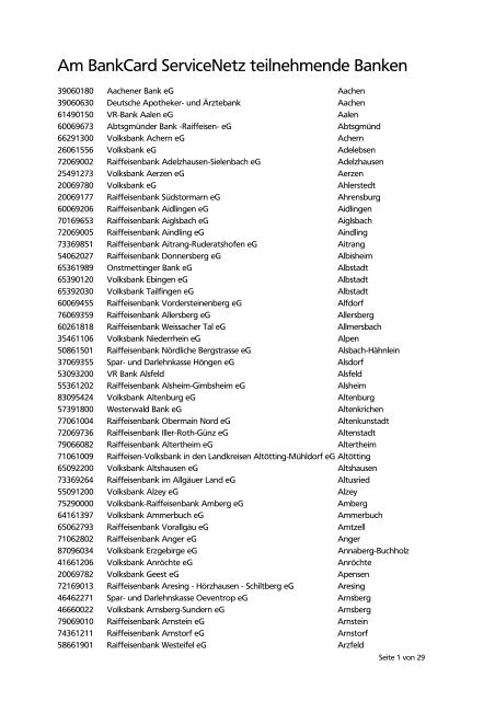 Am BankCard ServiceNetz teilnehmende Banken - Kieler Volksbank