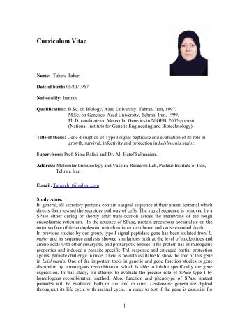 Curriculum Vitae - Pasteur Institute of Iran