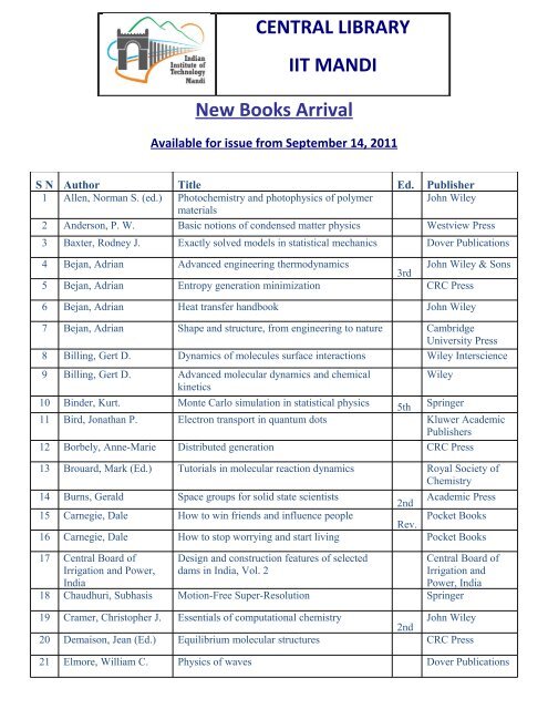 CENTRAL LIBRARY IIT MANDI New Books Arrival Available for ...