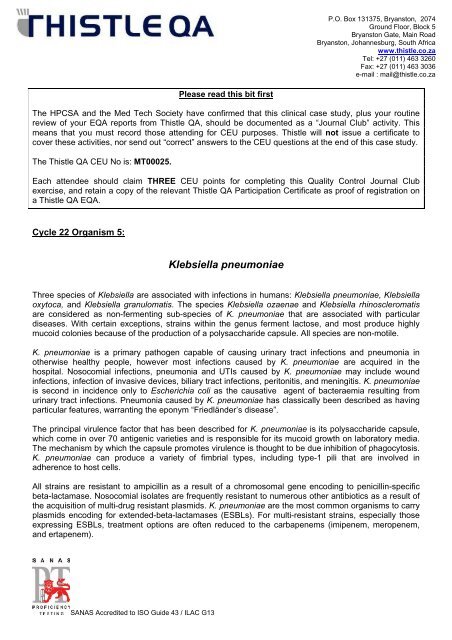 Klebsiella pneumoniae - Thistle QA