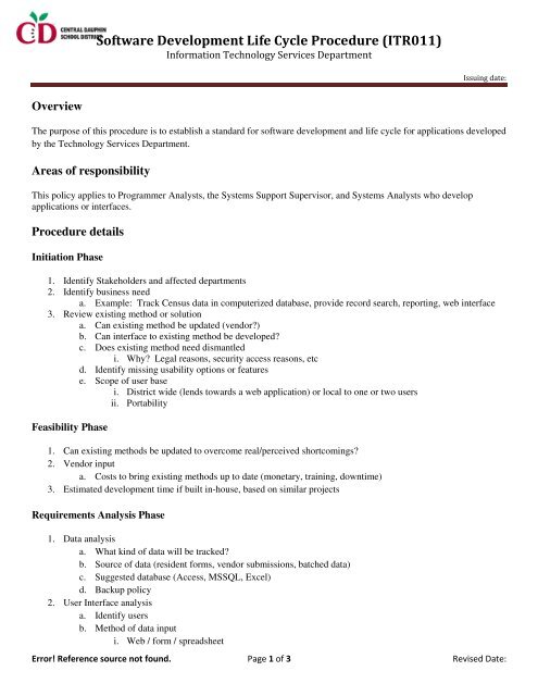 Software Development Life Cycle Procedure (ITR011)