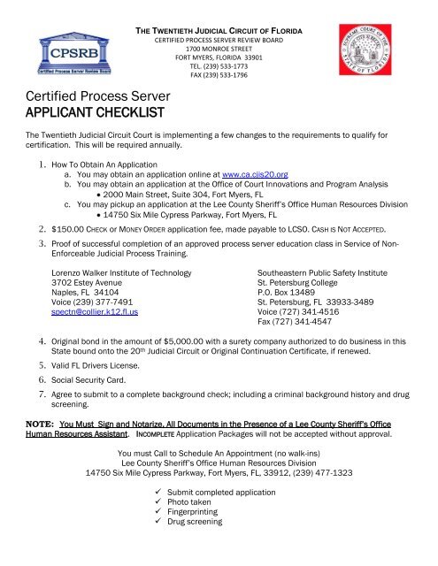 Certified Process Server APPLICANT CHECKLIST 20th Judicial Certified Process Server APPLICANT CHECKLIST 20th Judicial