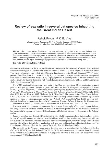 Review of sex ratio in several bat species inhabiting the Great Indian ...