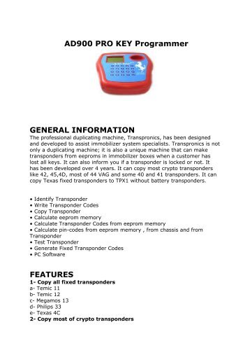 AD900 PRO KEY Programmer GENERAL INFORMATION FEATURES