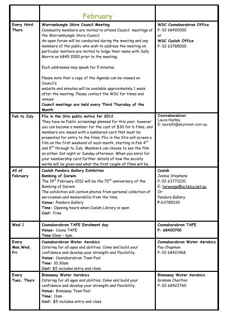 Warrumbungle Region 2012 Calendar of Events