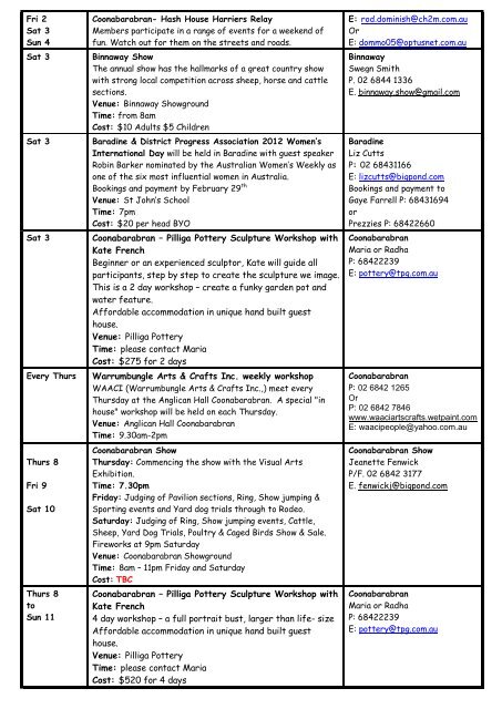 Warrumbungle Region 2012 Calendar of Events