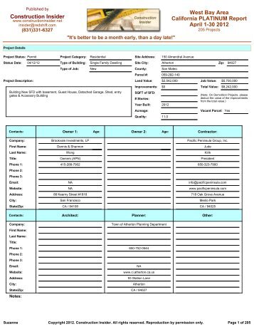 Construction Insider California PLATINUM Report West Bay Area ...