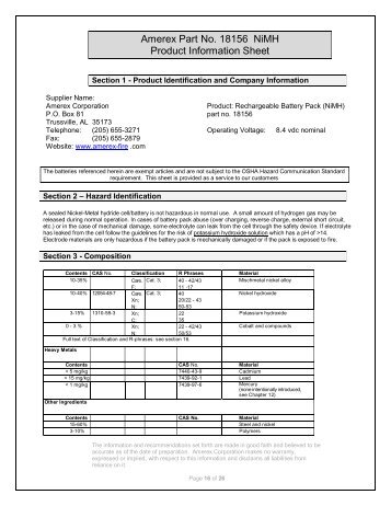 Amerex Part No. 18156 NiMH Product Information Sheet