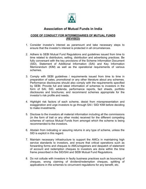 CODE OF CONDUCT FOR INTERMEDIARIES OF MUTUAL FUNDS