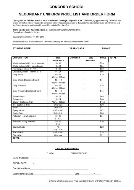 CONCORD SCHOOL UNIFORM PRICE LIST AND ORDER FORM