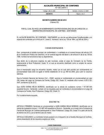 DECRETO NUMERO 002 DE 2008 - www.confines-santander.gov.co.