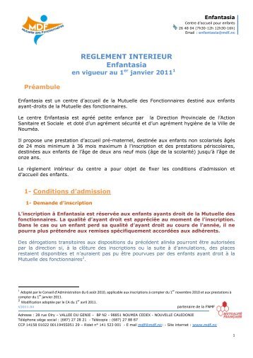 REGLEMENT INTERIEUR Enfantasia - Mutuelle des fonctionnaires