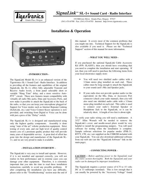 SignaLink SL-1+ Installation & Operation Manual - Tigertronics