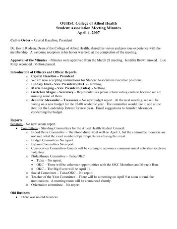 Student Council Meeting April 13, 2005 - College of Allied Health