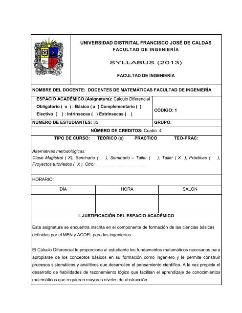 1-SYLLABUS Calculo Diferencial 2013.pdf - Facultad de Ingenieria