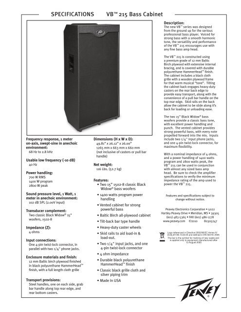 Specifications Vb A 215 Bass Cabinet Peavey