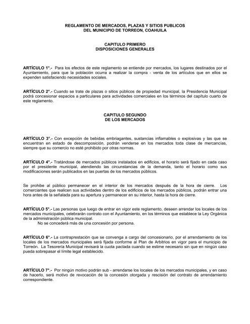 Reglamento de Mercados, Plazas y Sitios Publicos del Municipio de ...