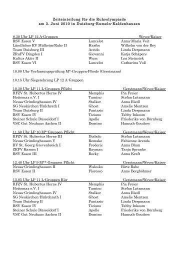 Zeiteinteilung für die Ruhrolympiade - Team Duisburg