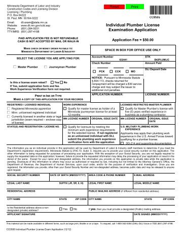 Plumber license exam application - Minnesota Department of Labor ...
