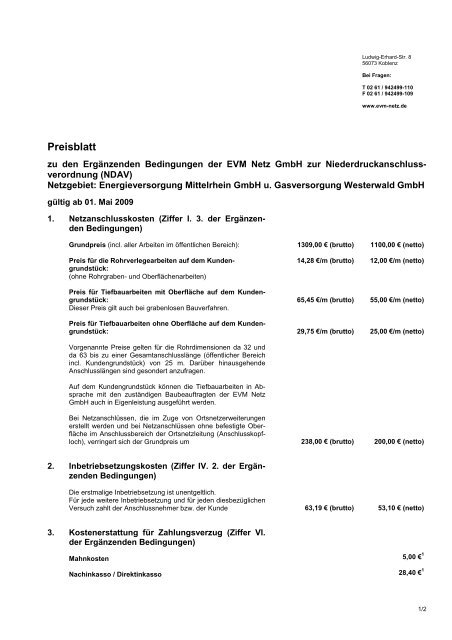 Download PDF: Preisblatt zu den Ergänzenden ... - EVM Netz