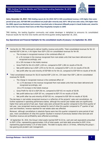 9m & 3Q 2010 - Talaat Moustafa Group