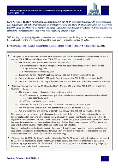 9m & 3Q 2010 - Talaat Moustafa Group