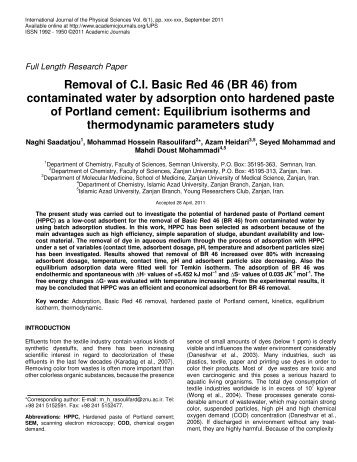 Removal of C.I. Basic Red 46 (BR 46) from contaminated water by ...