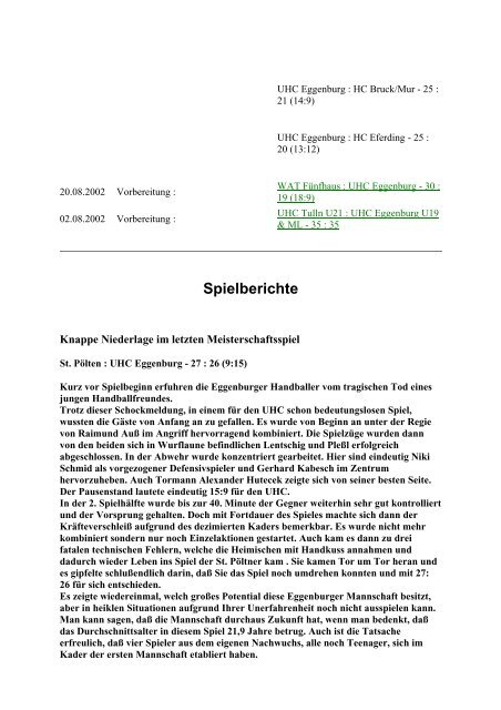 Spielberichte der Saison 2002/2003 - UHC Eggenburg