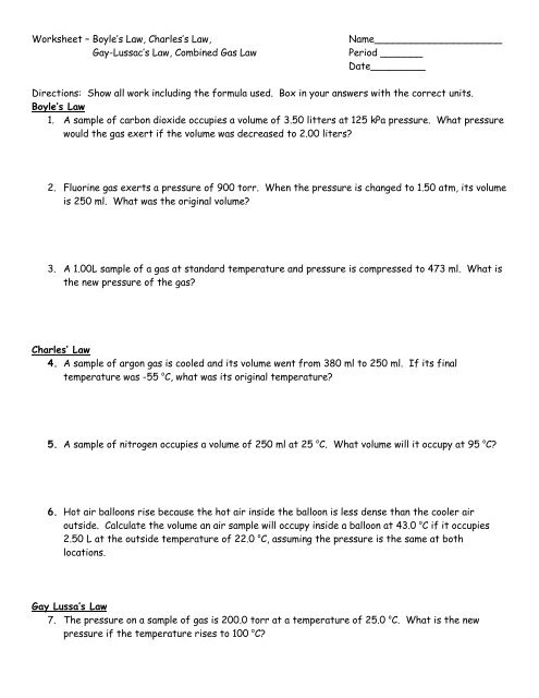 Worksheet Ã¢Â€Â“ Boyle's Law, Charles's Law 