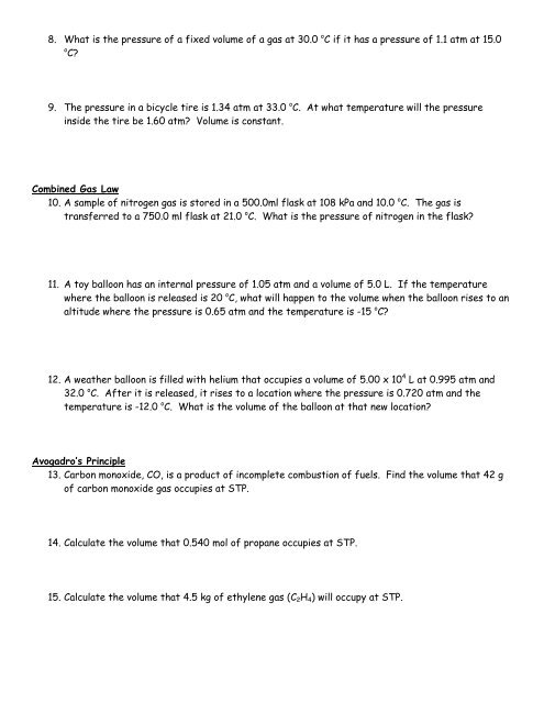 Worksheet Ã¢Â€Â“ Boyle's Law, Charles's Law ...