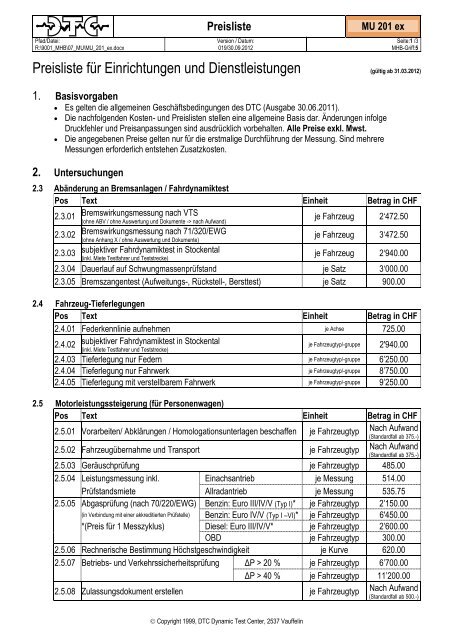 Preisliste für Einrichtungen und Dienstleistungen - DTC