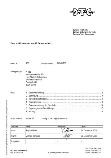 Tests Mit Kindersitzen Vom 16. Dezember 2003 - DTC