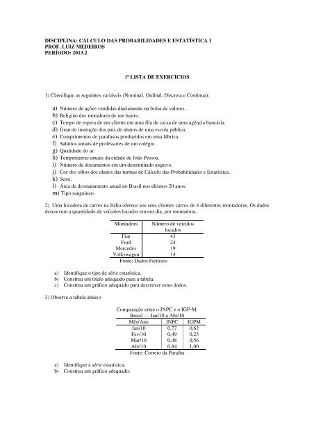 Lista de exercÃcio 1 - Departamento de EstatÃstica