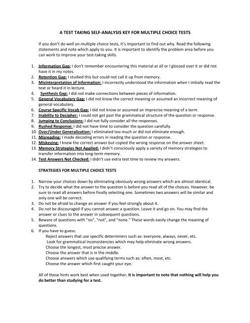 a test taking self analysis key for multiple choice choice tests