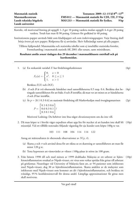 Matematisk statistik för CDI, ΠE, F 9 - Matematikcentrum - Lunds ...