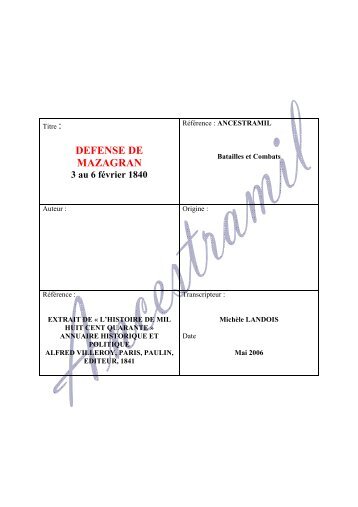 1 LA DEFENSE DE MAZAGRAN 3 au 6 février 1840 - Ancestramil